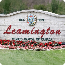 Leamington entrance sign with Tomato Capital of Canada text